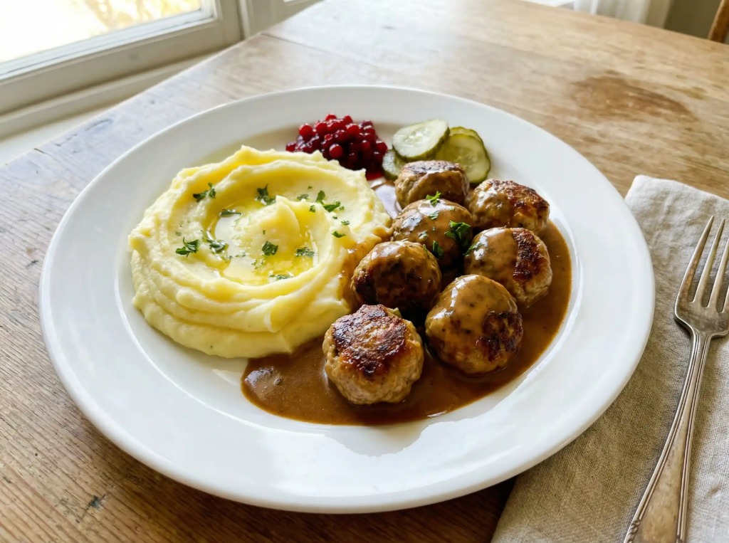 Köttbullar, potatismos, gräddsås och lingonsylt