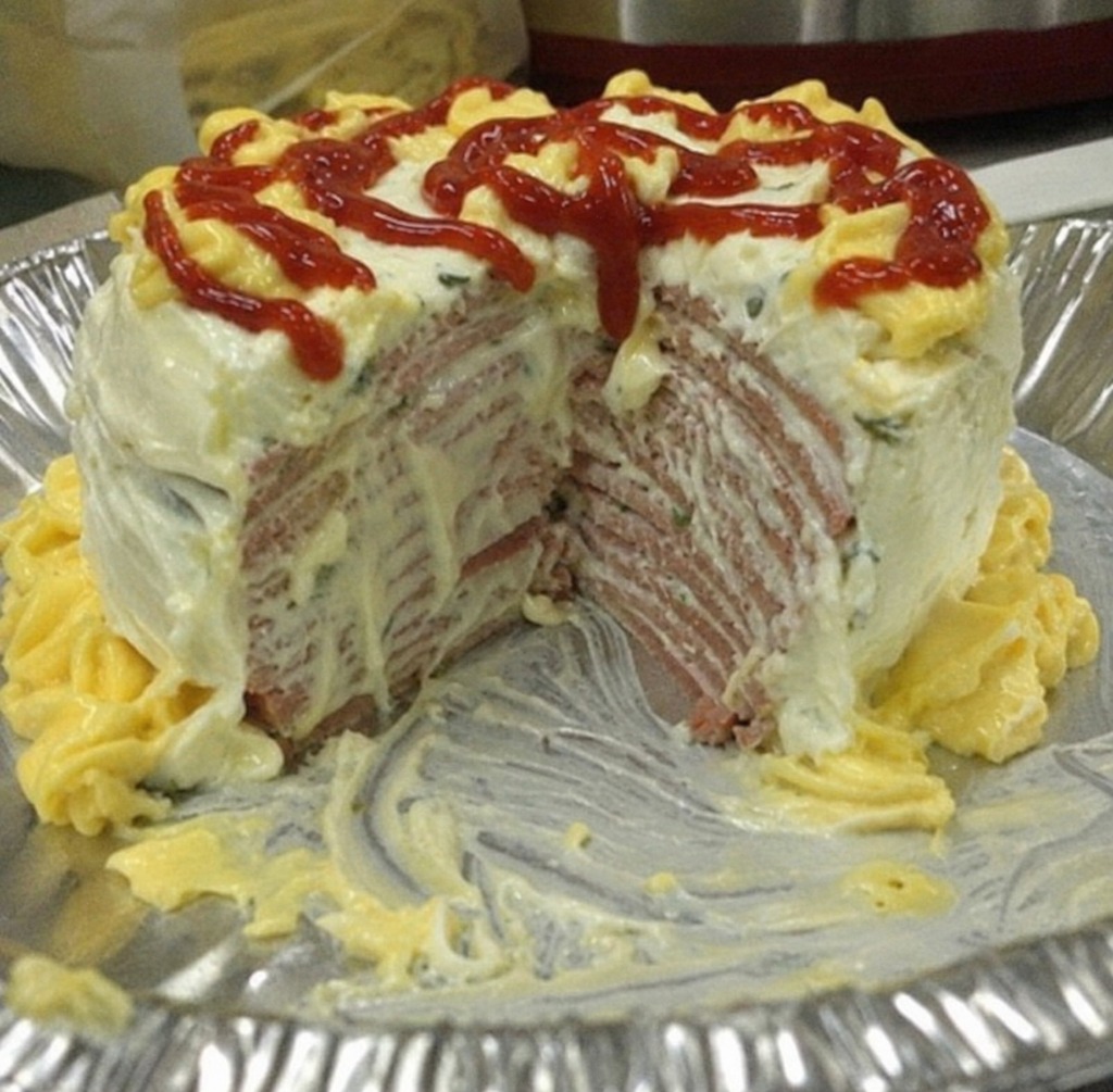 bologna mayo cake with mussy and ketchup icing