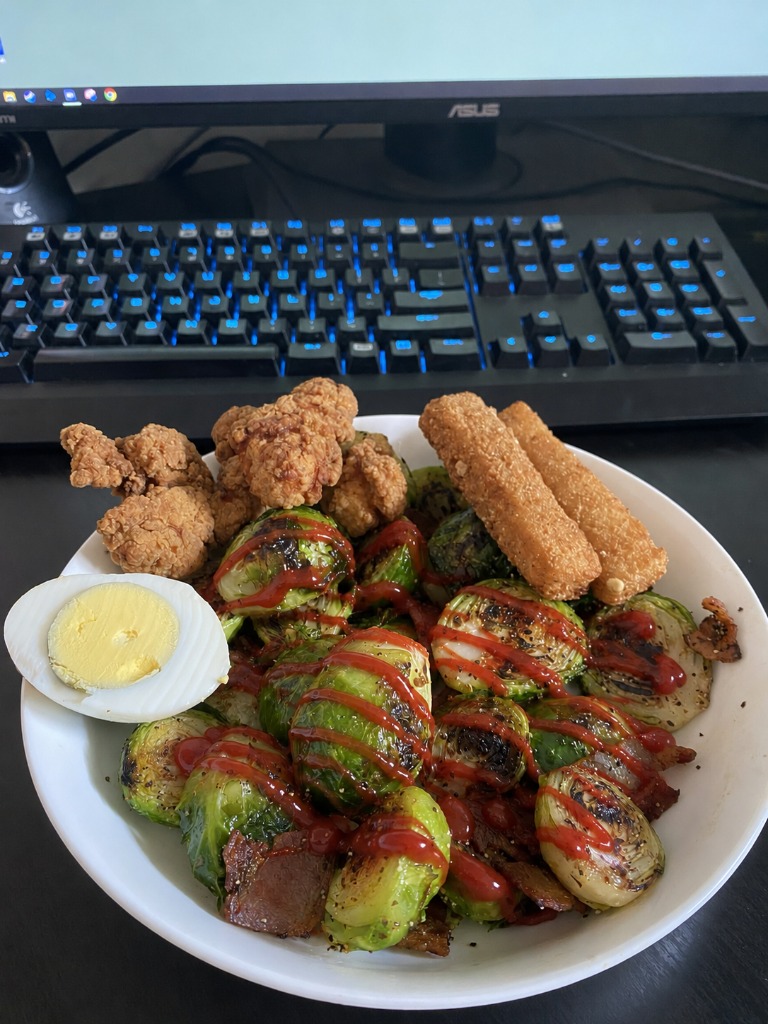 brussel sprouts chup with fish sticks chicken karaage egg